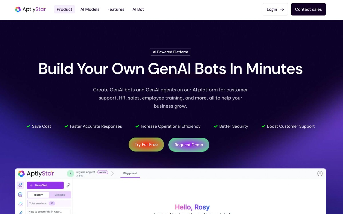 AptlyStar: أنشئ روبوتات الذكاء الاصطناعي لدعم العملاء والموارد البشرية والمبيعات